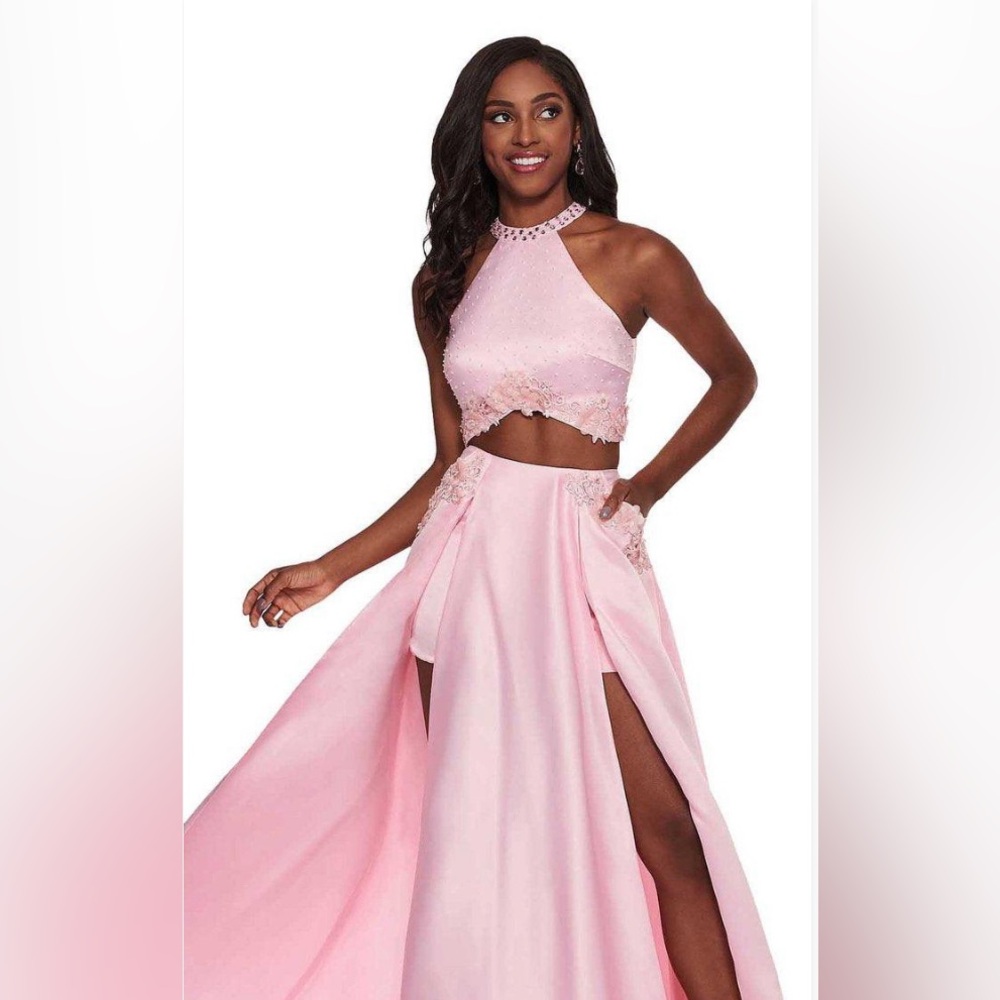 NWT Rachel Allan 6533 - Pink - Sz 4- Two piece Halter Dress with pockets